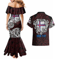 Personalized Faroe Islands Viking Blood Couples Matching Mermaid Dress and Hawaiian Shirt Nordic Runes and Shield of Ancestry in Tribal Knotwork