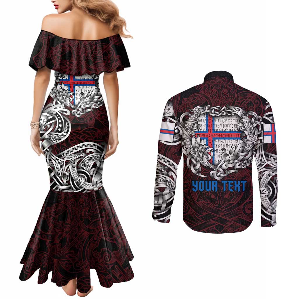Personalized Faroe Islands Viking Blood Couples Matching Mermaid Dress and Long Sleeve Button Shirt Nordic Runes and Shield of Ancestry in Tribal Knotwork