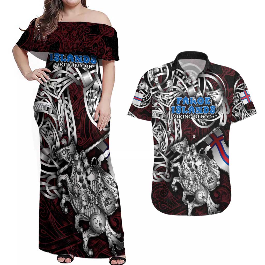 Personalized Faroe Islands Viking Blood Couples Matching Off Shoulder Maxi Dress and Hawaiian Shirt Nordic Runes and Shield of Ancestry in Tribal Knotwork