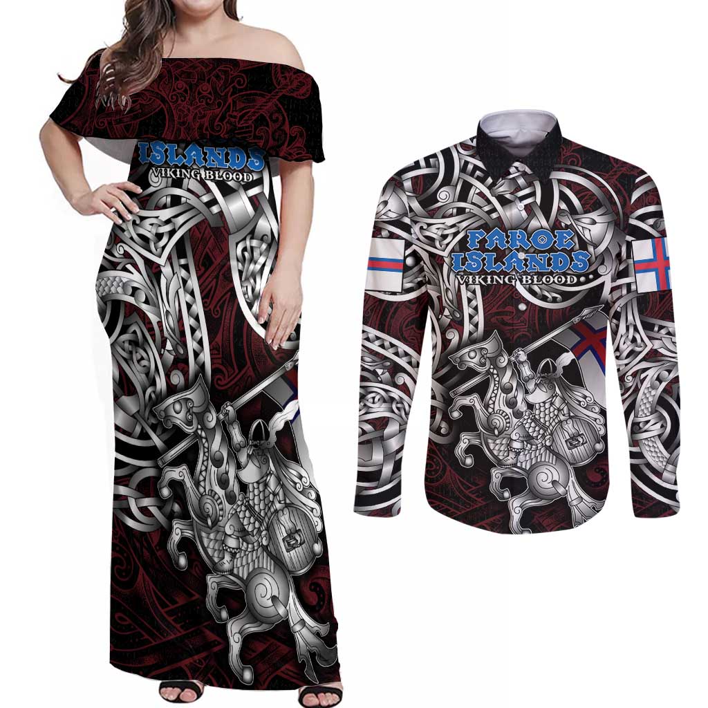 Personalized Faroe Islands Viking Blood Couples Matching Off Shoulder Maxi Dress and Long Sleeve Button Shirt Nordic Runes and Shield of Ancestry in Tribal Knotwork