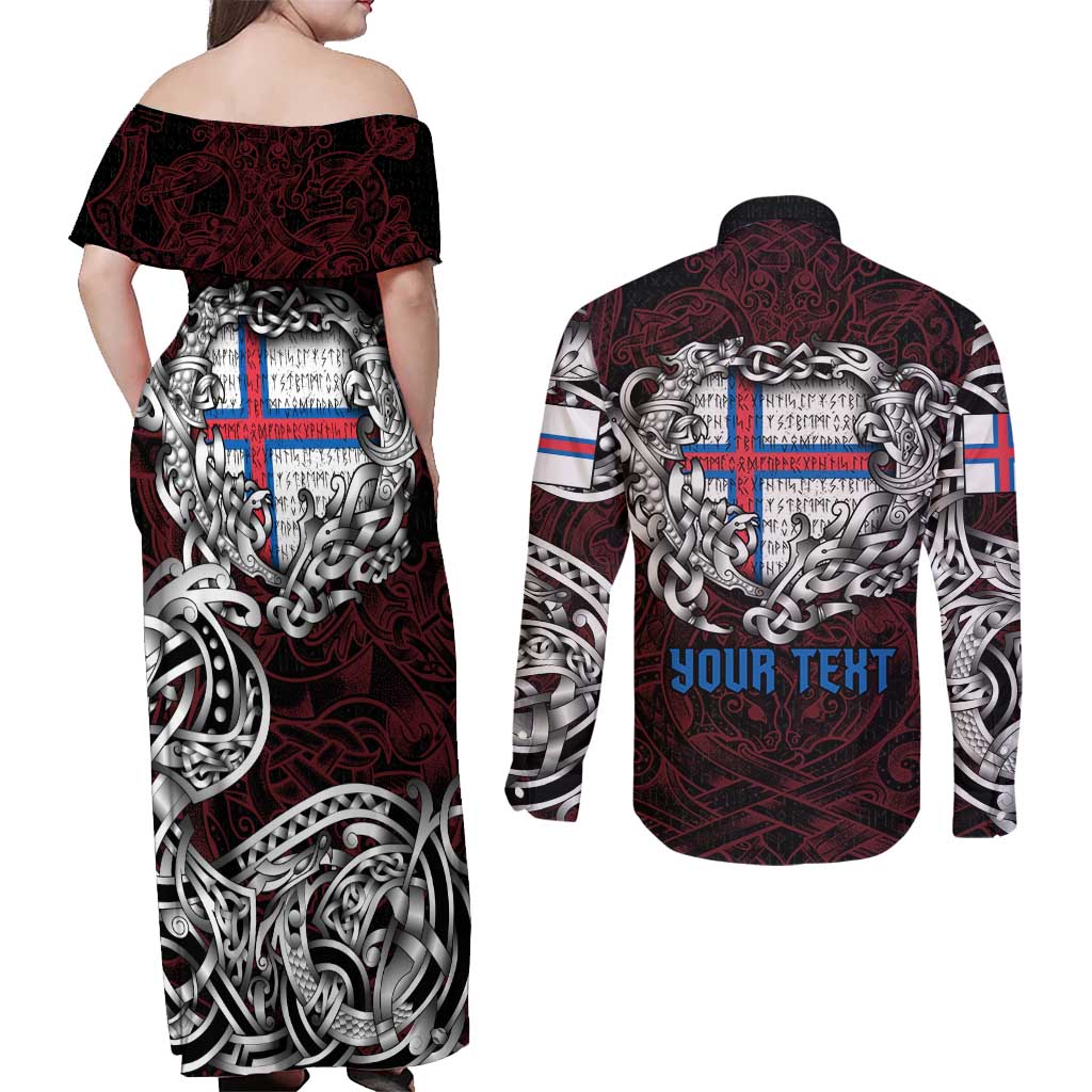 Personalized Faroe Islands Viking Blood Couples Matching Off Shoulder Maxi Dress and Long Sleeve Button Shirt Nordic Runes and Shield of Ancestry in Tribal Knotwork