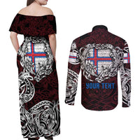 Personalized Faroe Islands Viking Blood Couples Matching Off Shoulder Maxi Dress and Long Sleeve Button Shirt Nordic Runes and Shield of Ancestry in Tribal Knotwork