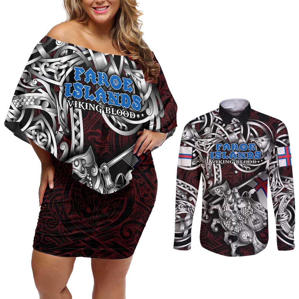 Personalized Faroe Islands Viking Blood Couples Matching Off Shoulder Short Dress and Long Sleeve Button Shirt Nordic Runes and Shield of Ancestry in Tribal Knotwork