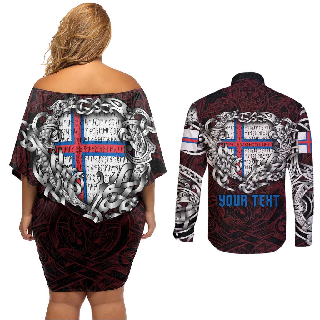 Personalized Faroe Islands Viking Blood Couples Matching Off Shoulder Short Dress and Long Sleeve Button Shirt Nordic Runes and Shield of Ancestry in Tribal Knotwork