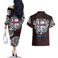 Personalized Faroe Islands Viking Blood Couples Matching Off The Shoulder Long Sleeve Dress and Hawaiian Shirt Nordic Runes and Shield of Ancestry in Tribal Knotwork