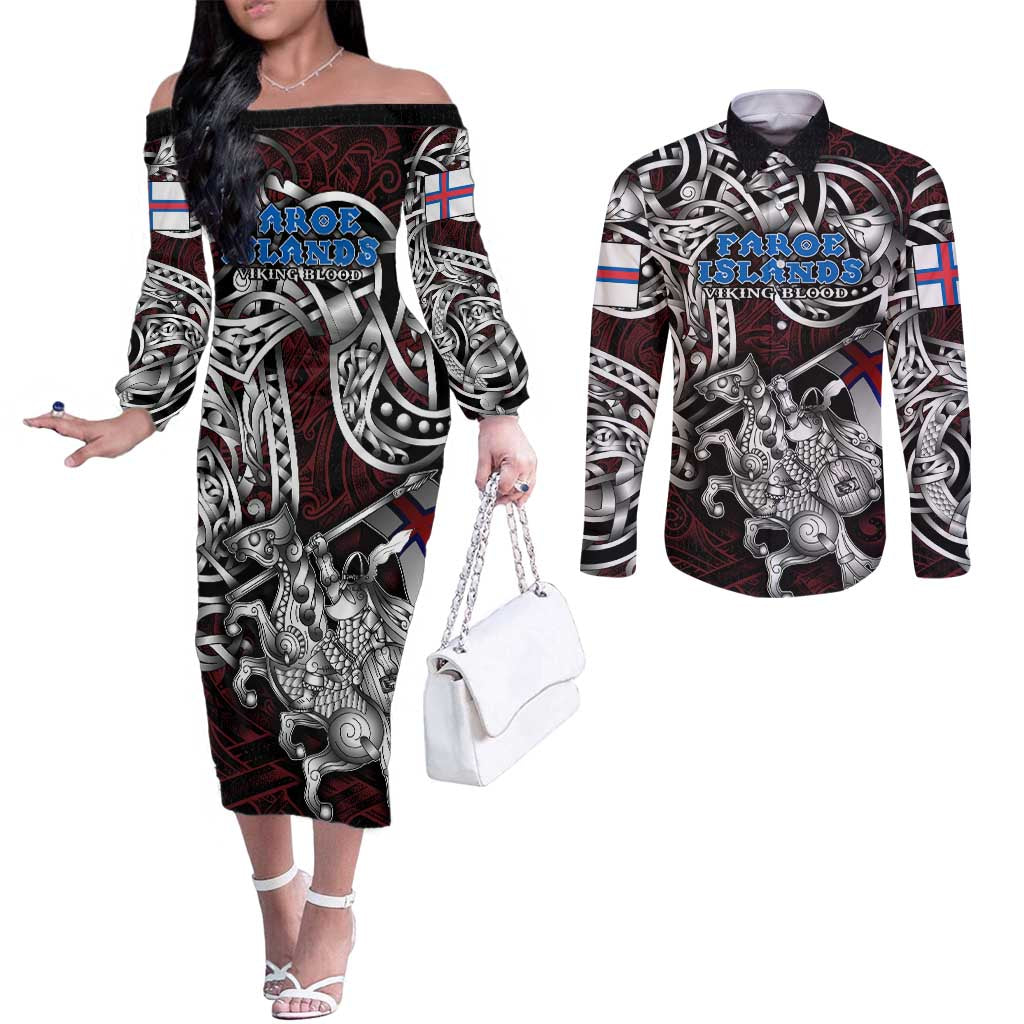 Personalized Faroe Islands Viking Blood Couples Matching Off The Shoulder Long Sleeve Dress and Long Sleeve Button Shirt Nordic Runes and Shield of Ancestry in Tribal Knotwork
