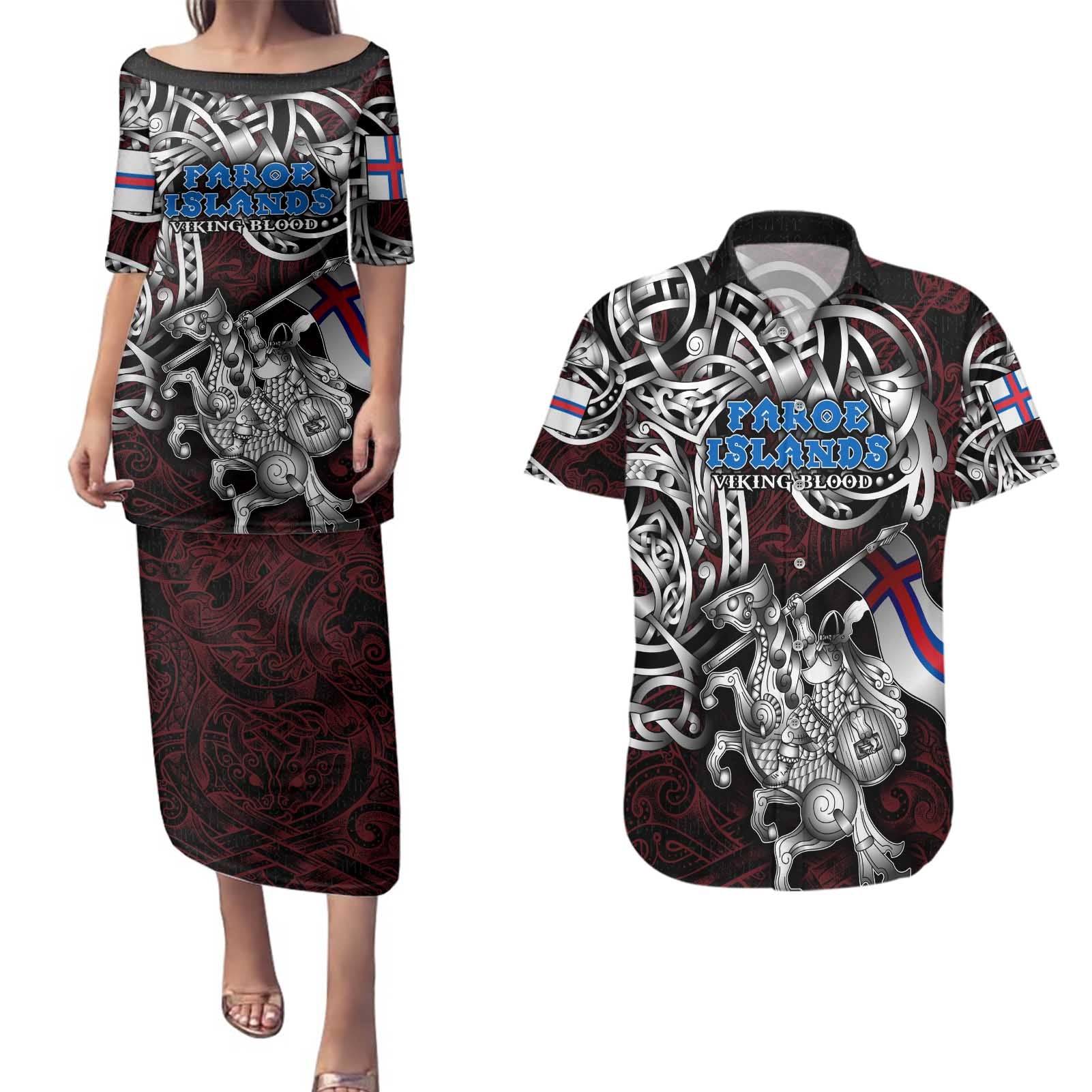 Personalized Faroe Islands Viking Blood Couples Matching Puletasi and Hawaiian Shirt Nordic Runes and Shield of Ancestry in Tribal Knotwork