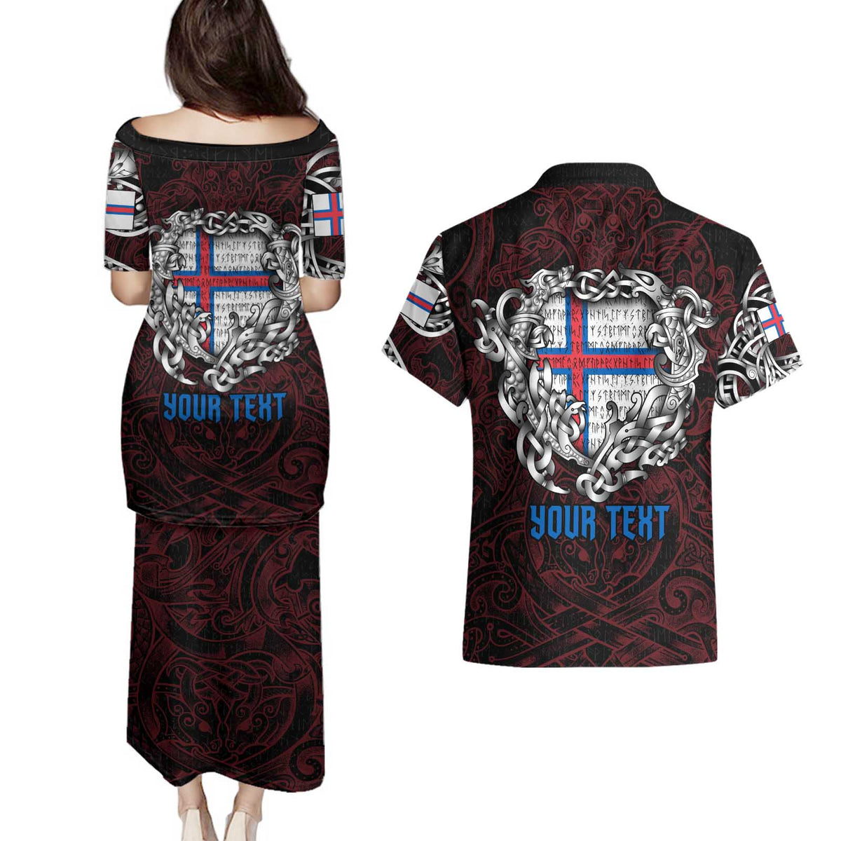 Personalized Faroe Islands Viking Blood Couples Matching Puletasi and Hawaiian Shirt Nordic Runes and Shield of Ancestry in Tribal Knotwork