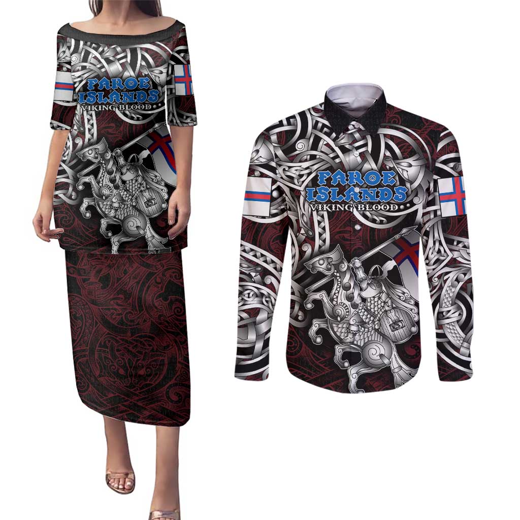 Personalized Faroe Islands Viking Blood Couples Matching Puletasi and Long Sleeve Button Shirt Nordic Runes and Shield of Ancestry in Tribal Knotwork