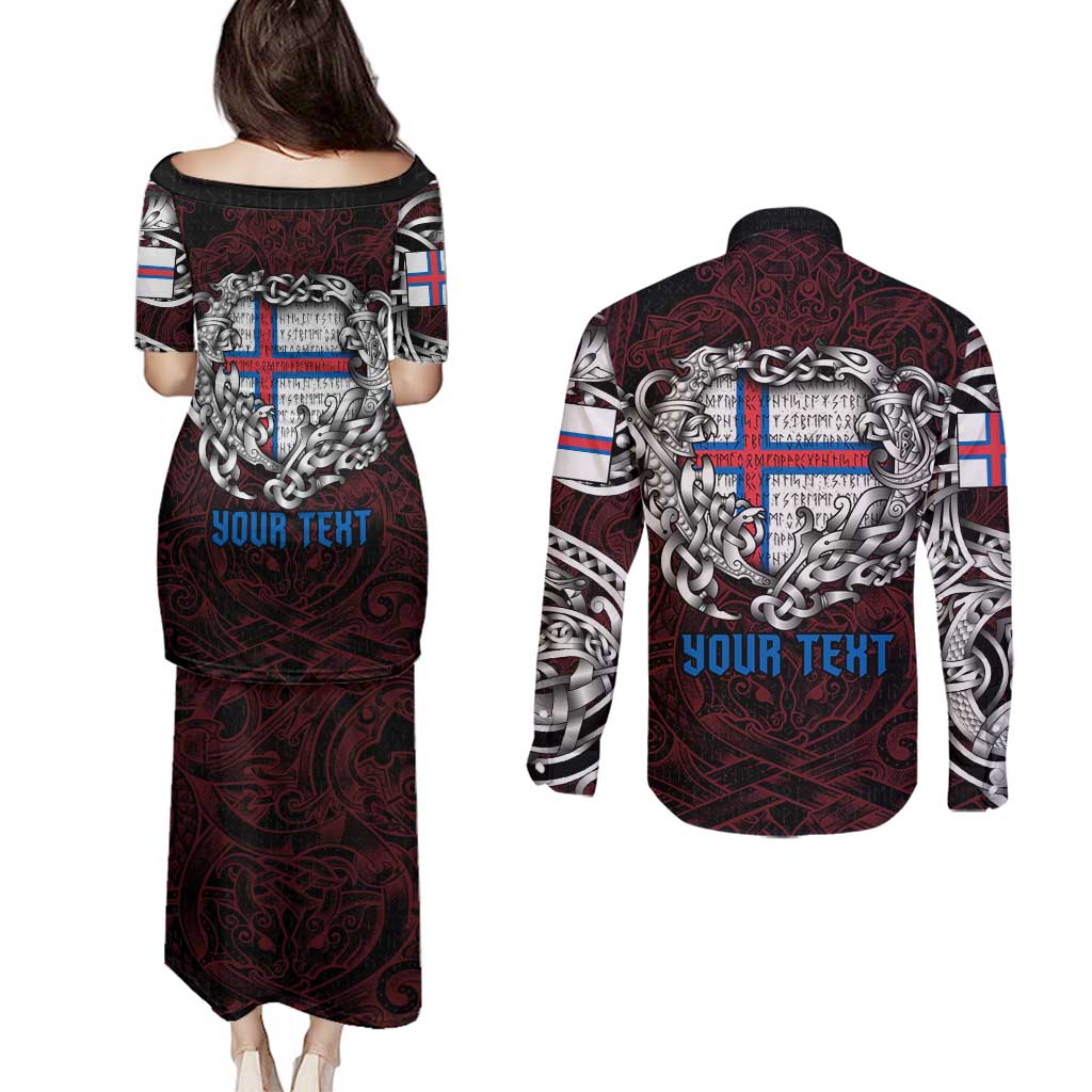 Personalized Faroe Islands Viking Blood Couples Matching Puletasi and Long Sleeve Button Shirt Nordic Runes and Shield of Ancestry in Tribal Knotwork