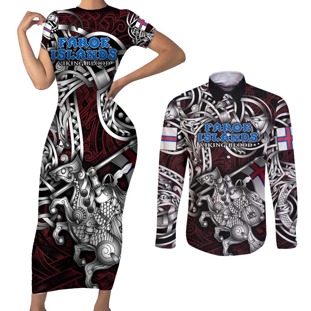 Personalized Faroe Islands Viking Blood Couples Matching Short Sleeve Bodycon Dress and Long Sleeve Button Shirt Nordic Runes and Shield of Ancestry in Tribal Knotwork