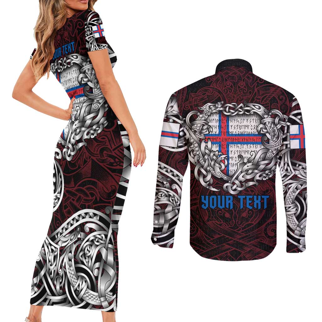 Personalized Faroe Islands Viking Blood Couples Matching Short Sleeve Bodycon Dress and Long Sleeve Button Shirt Nordic Runes and Shield of Ancestry in Tribal Knotwork