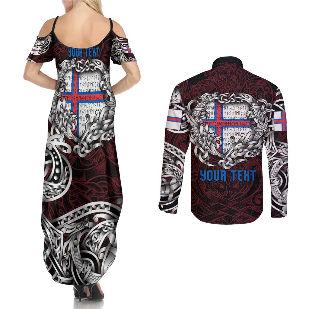 Personalized Faroe Islands Viking Blood Couples Matching Summer Maxi Dress and Long Sleeve Button Shirt Nordic Runes and Shield of Ancestry in Tribal Knotwork
