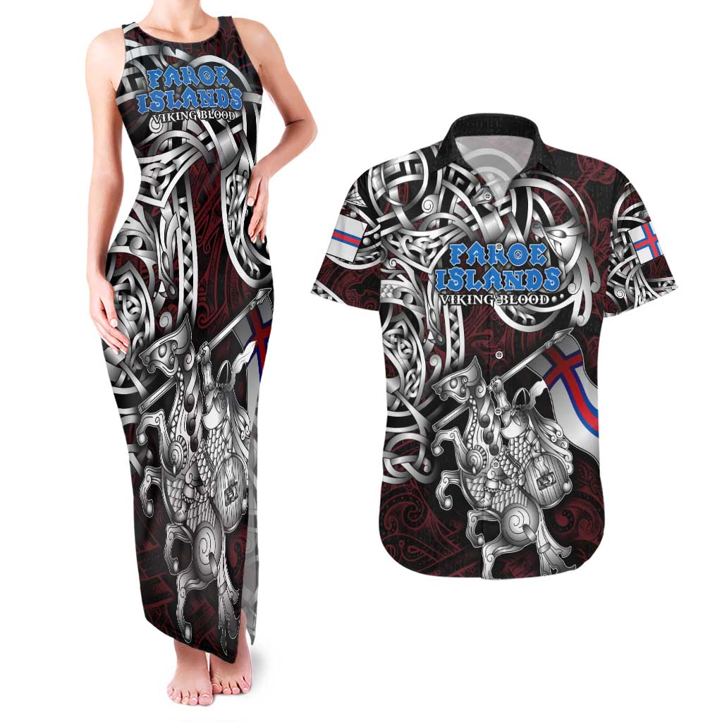 Personalized Faroe Islands Viking Blood Couples Matching Tank Maxi Dress and Hawaiian Shirt Nordic Runes and Shield of Ancestry in Tribal Knotwork