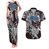 Personalized Faroe Islands Viking Blood Couples Matching Tank Maxi Dress and Hawaiian Shirt Nordic Runes and Shield of Ancestry in Tribal Knotwork