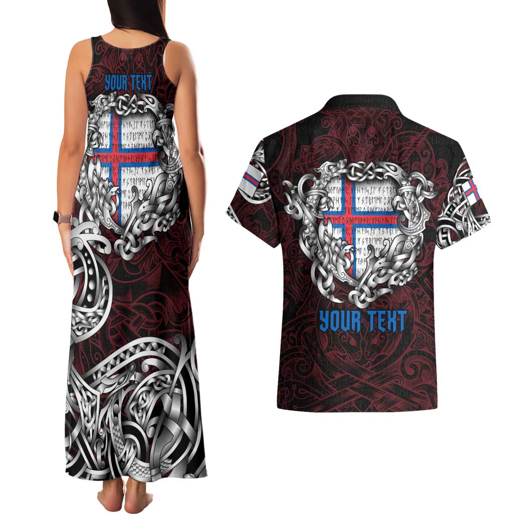 Personalized Faroe Islands Viking Blood Couples Matching Tank Maxi Dress and Hawaiian Shirt Nordic Runes and Shield of Ancestry in Tribal Knotwork