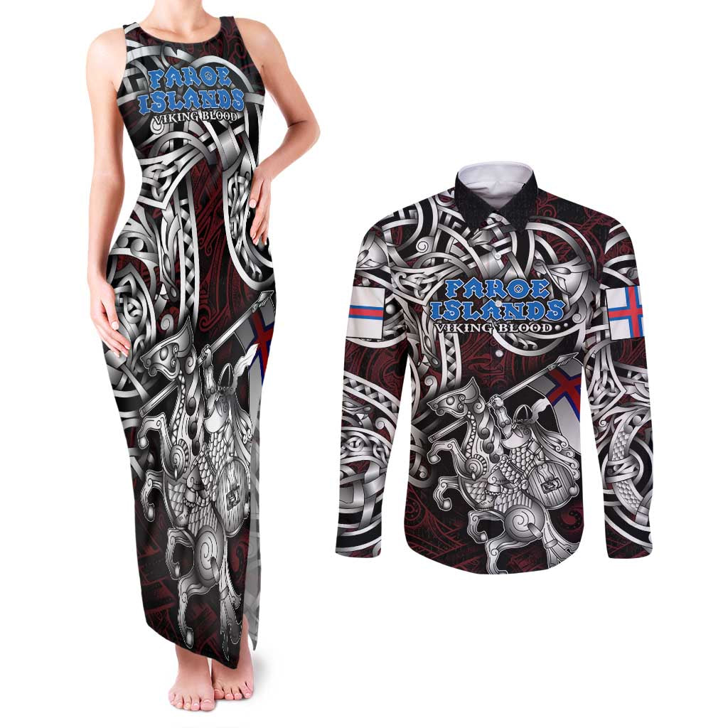 Personalized Faroe Islands Viking Blood Couples Matching Tank Maxi Dress and Long Sleeve Button Shirt Nordic Runes and Shield of Ancestry in Tribal Knotwork
