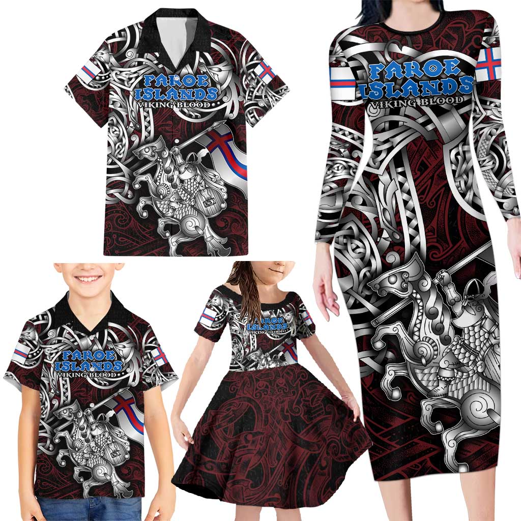 Personalized Faroe Islands Viking Blood Family Matching Long Sleeve Bodycon Dress and Hawaiian Shirt Nordic Runes and Shield of Ancestry in Tribal Knotwork