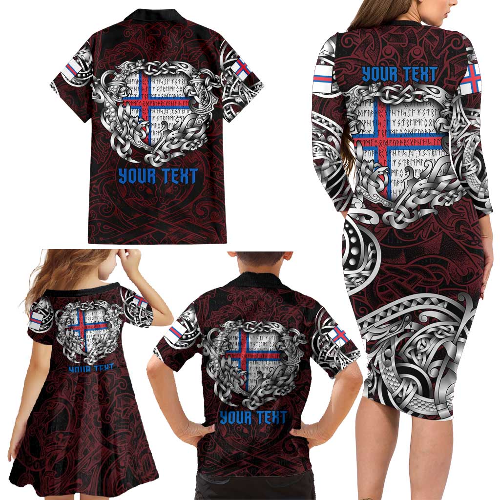 Personalized Faroe Islands Viking Blood Family Matching Long Sleeve Bodycon Dress and Hawaiian Shirt Nordic Runes and Shield of Ancestry in Tribal Knotwork
