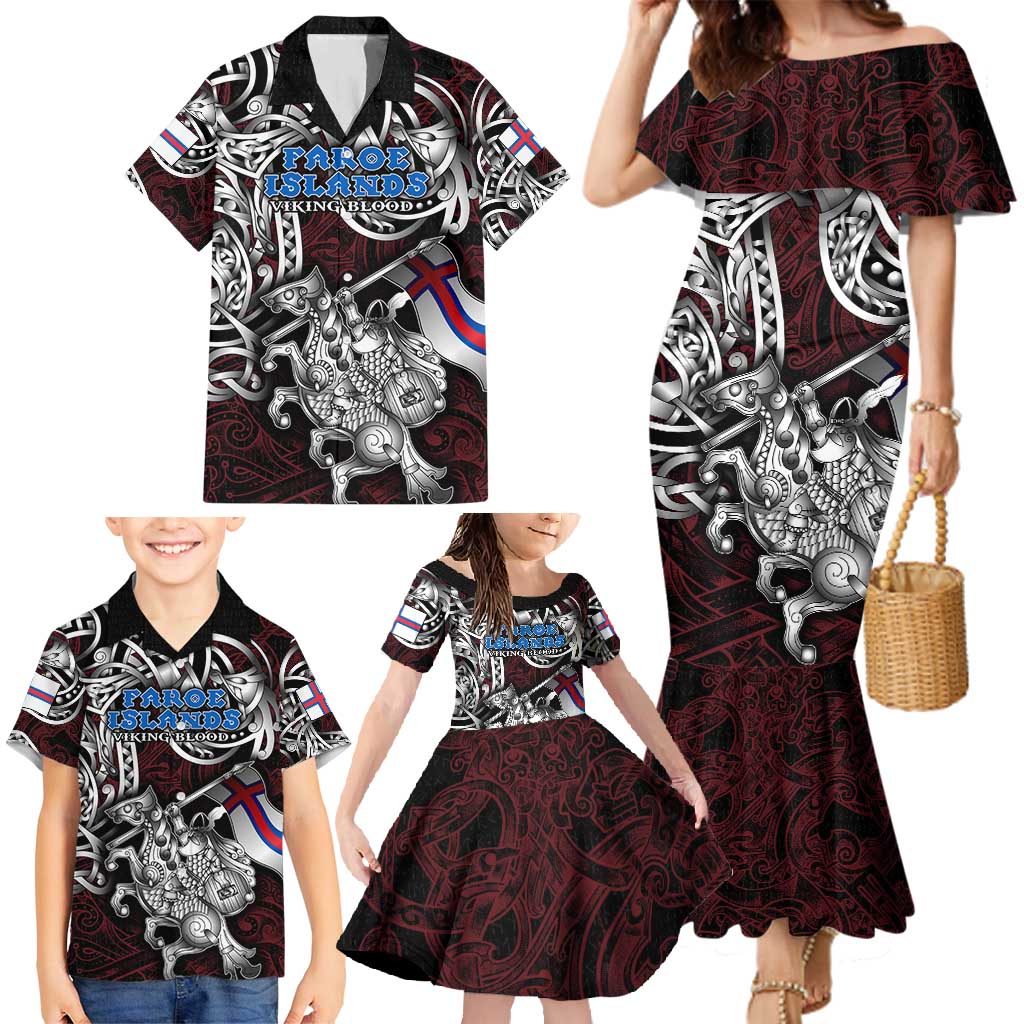 Personalized Faroe Islands Viking Blood Family Matching Mermaid Dress and Hawaiian Shirt Nordic Runes and Shield of Ancestry in Tribal Knotwork