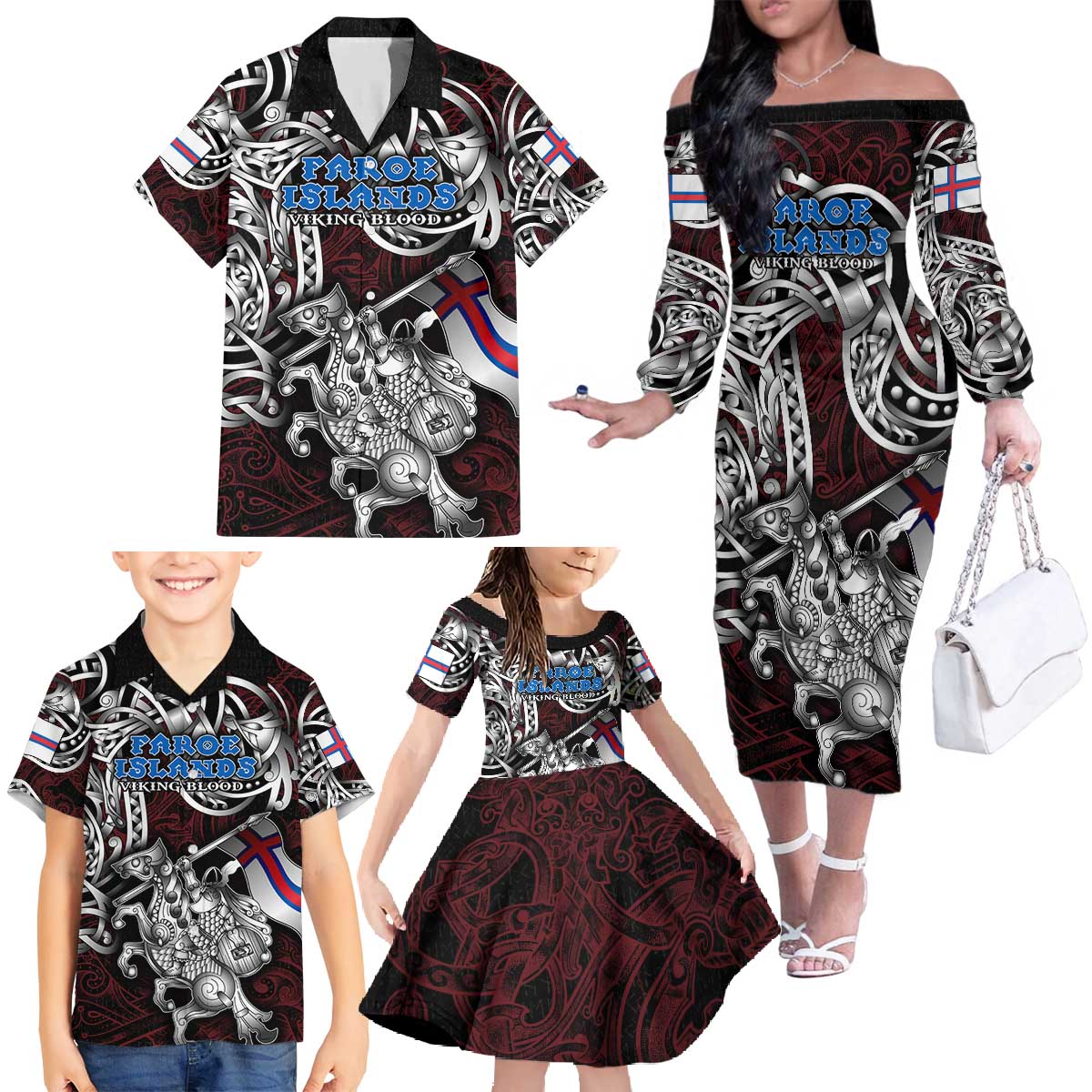 Personalized Faroe Islands Viking Blood Family Matching Off The Shoulder Long Sleeve Dress and Hawaiian Shirt Nordic Runes and Shield of Ancestry in Tribal Knotwork