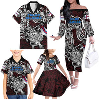Personalized Faroe Islands Viking Blood Family Matching Off The Shoulder Long Sleeve Dress and Hawaiian Shirt Nordic Runes and Shield of Ancestry in Tribal Knotwork