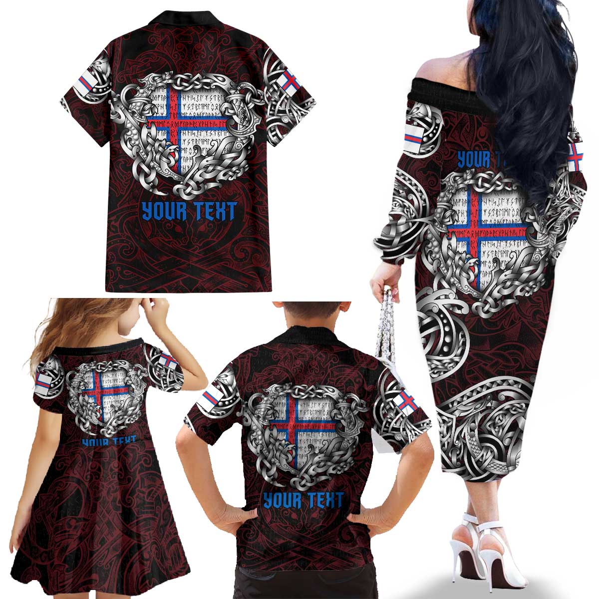 Personalized Faroe Islands Viking Blood Family Matching Off The Shoulder Long Sleeve Dress and Hawaiian Shirt Nordic Runes and Shield of Ancestry in Tribal Knotwork