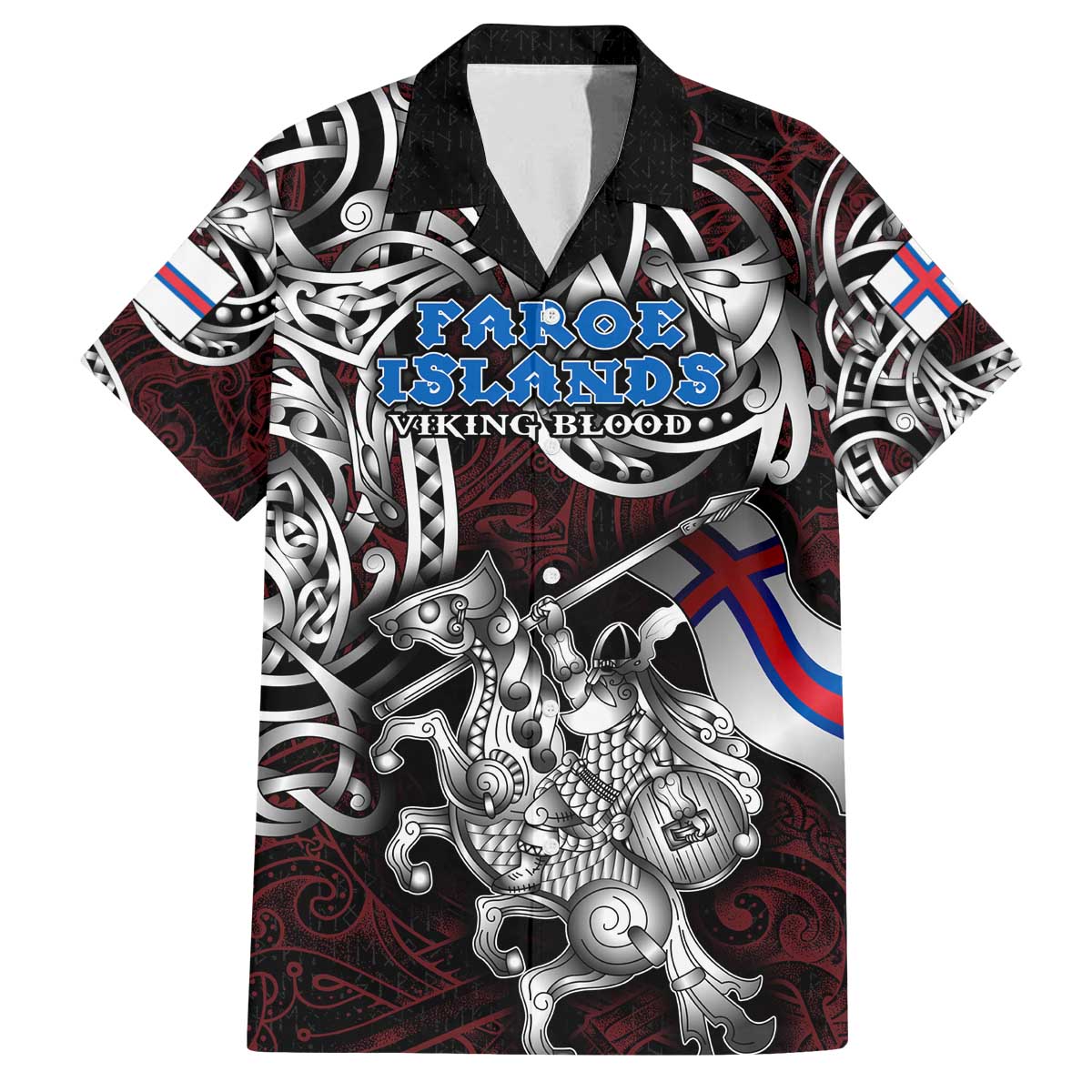 Personalized Faroe Islands Viking Blood Family Matching Off The Shoulder Long Sleeve Dress and Hawaiian Shirt Nordic Runes and Shield of Ancestry in Tribal Knotwork