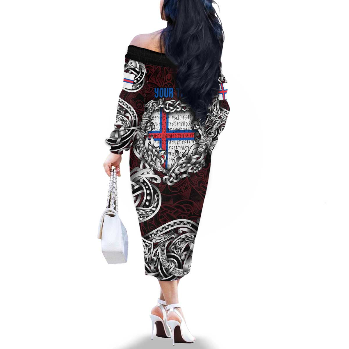 Personalized Faroe Islands Viking Blood Family Matching Off The Shoulder Long Sleeve Dress and Hawaiian Shirt Nordic Runes and Shield of Ancestry in Tribal Knotwork