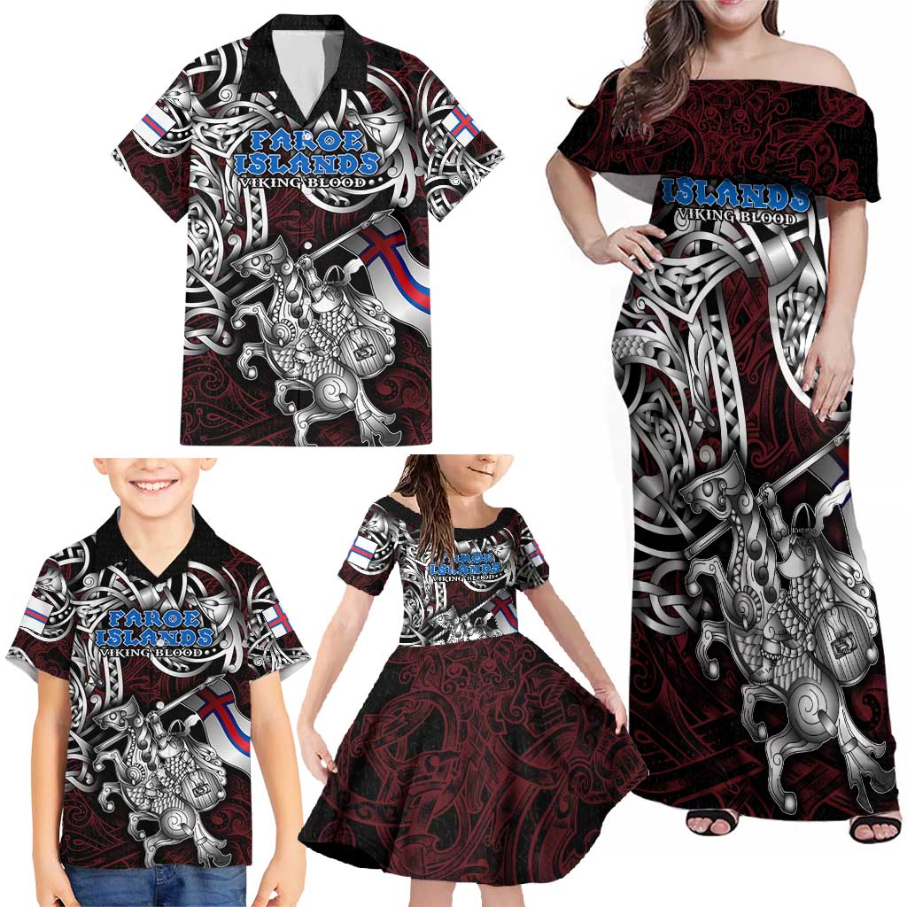 Personalized Faroe Islands Viking Blood Family Matching Off Shoulder Maxi Dress and Hawaiian Shirt Nordic Runes and Shield of Ancestry in Tribal Knotwork