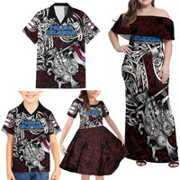 Personalized Faroe Islands Viking Blood Family Matching Off Shoulder Maxi Dress and Hawaiian Shirt Nordic Runes and Shield of Ancestry in Tribal Knotwork
