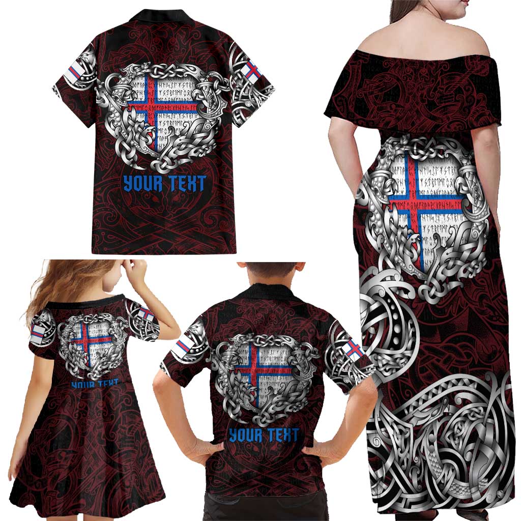 Personalized Faroe Islands Viking Blood Family Matching Off Shoulder Maxi Dress and Hawaiian Shirt Nordic Runes and Shield of Ancestry in Tribal Knotwork