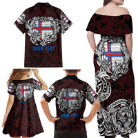 Personalized Faroe Islands Viking Blood Family Matching Off Shoulder Maxi Dress and Hawaiian Shirt Nordic Runes and Shield of Ancestry in Tribal Knotwork