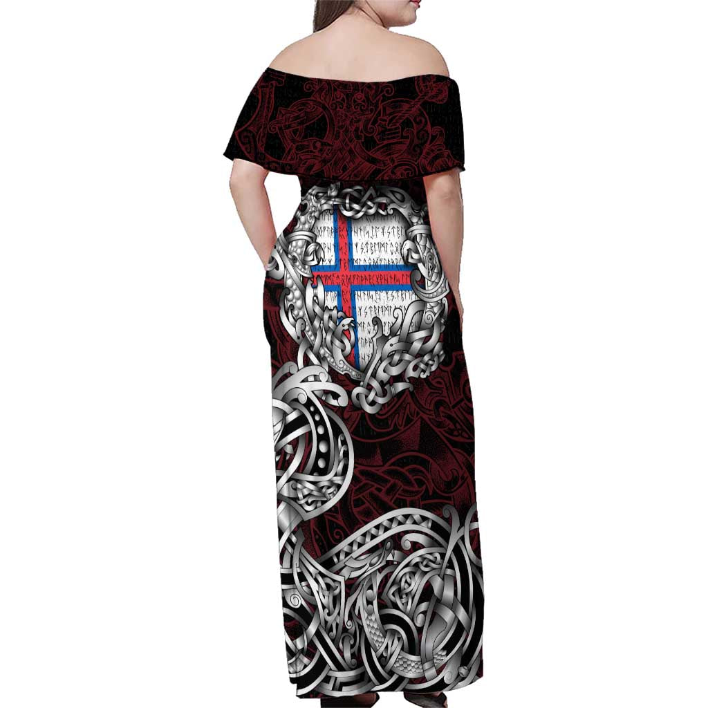 Personalized Faroe Islands Viking Blood Family Matching Off Shoulder Maxi Dress and Hawaiian Shirt Nordic Runes and Shield of Ancestry in Tribal Knotwork