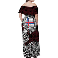 Personalized Faroe Islands Viking Blood Family Matching Off Shoulder Maxi Dress and Hawaiian Shirt Nordic Runes and Shield of Ancestry in Tribal Knotwork