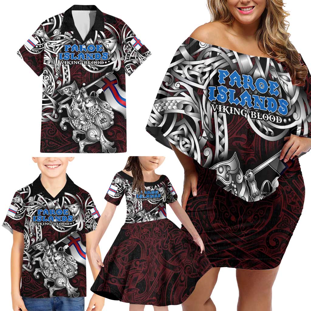 Personalized Faroe Islands Viking Blood Family Matching Off Shoulder Short Dress and Hawaiian Shirt Nordic Runes and Shield of Ancestry in Tribal Knotwork