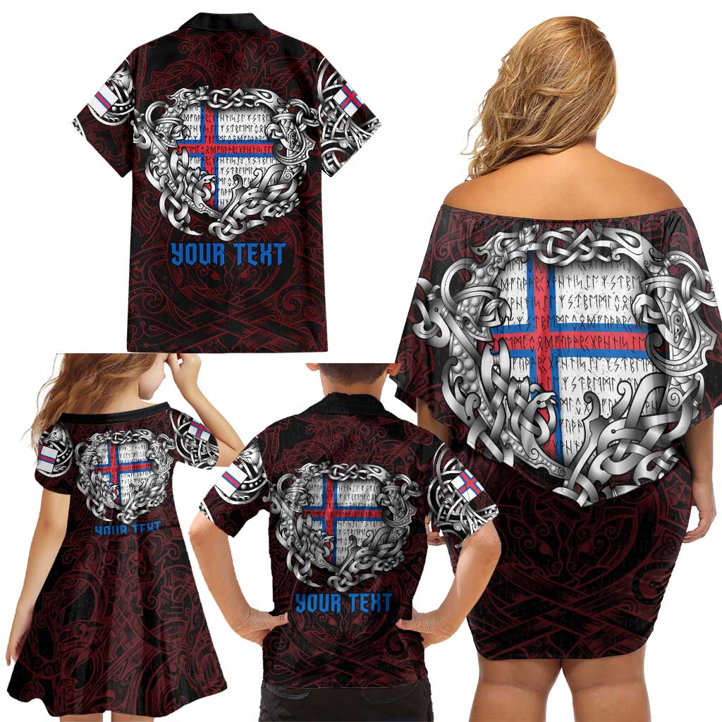 Personalized Faroe Islands Viking Blood Family Matching Off Shoulder Short Dress and Hawaiian Shirt Nordic Runes and Shield of Ancestry in Tribal Knotwork