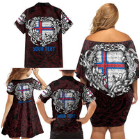 Personalized Faroe Islands Viking Blood Family Matching Off Shoulder Short Dress and Hawaiian Shirt Nordic Runes and Shield of Ancestry in Tribal Knotwork