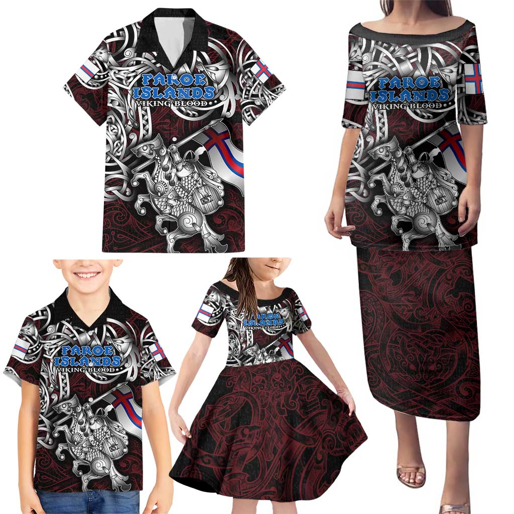 Personalized Faroe Islands Viking Blood Family Matching Puletasi and Hawaiian Shirt Nordic Runes and Shield of Ancestry in Tribal Knotwork