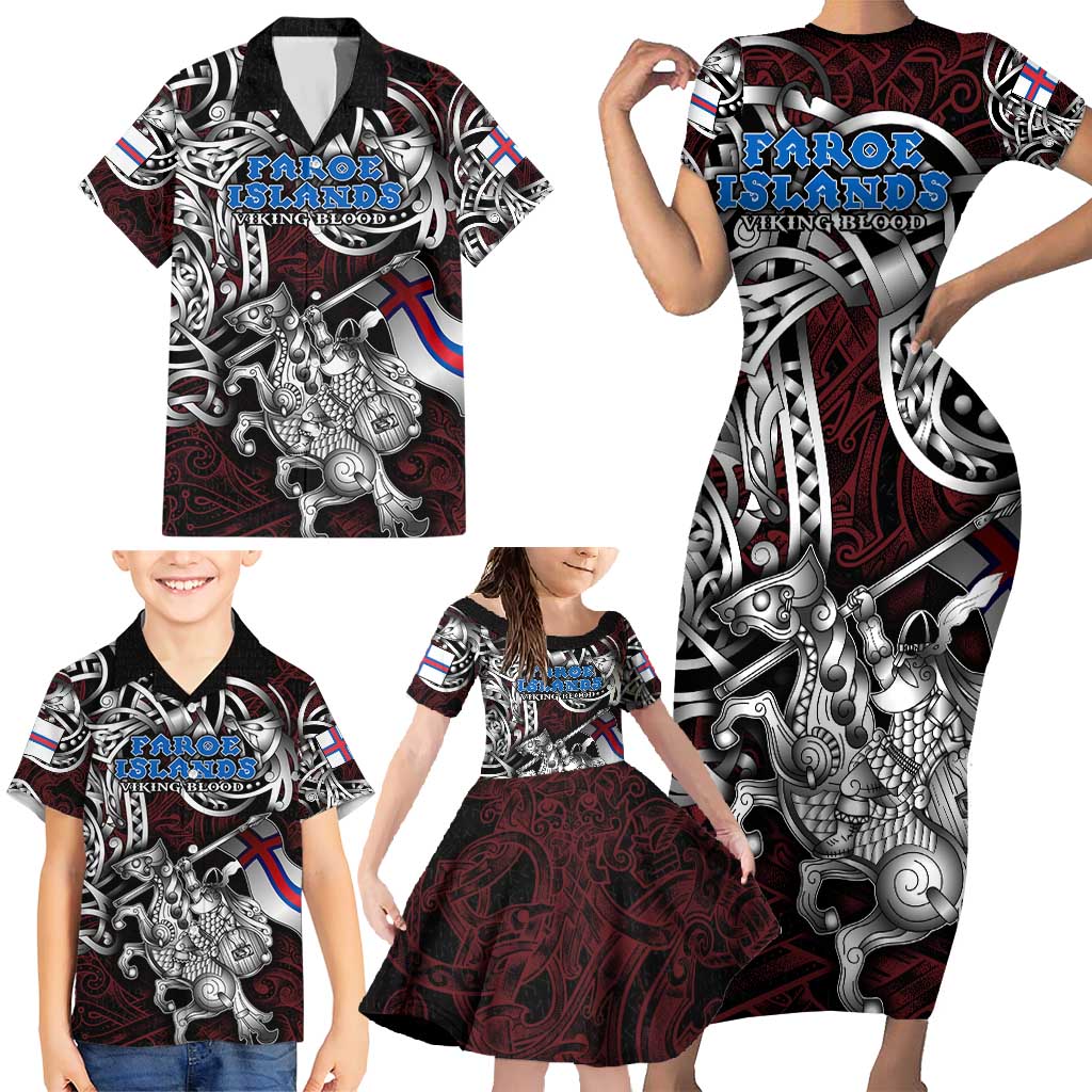 Personalized Faroe Islands Viking Blood Family Matching Short Sleeve Bodycon Dress and Hawaiian Shirt Nordic Runes and Shield of Ancestry in Tribal Knotwork