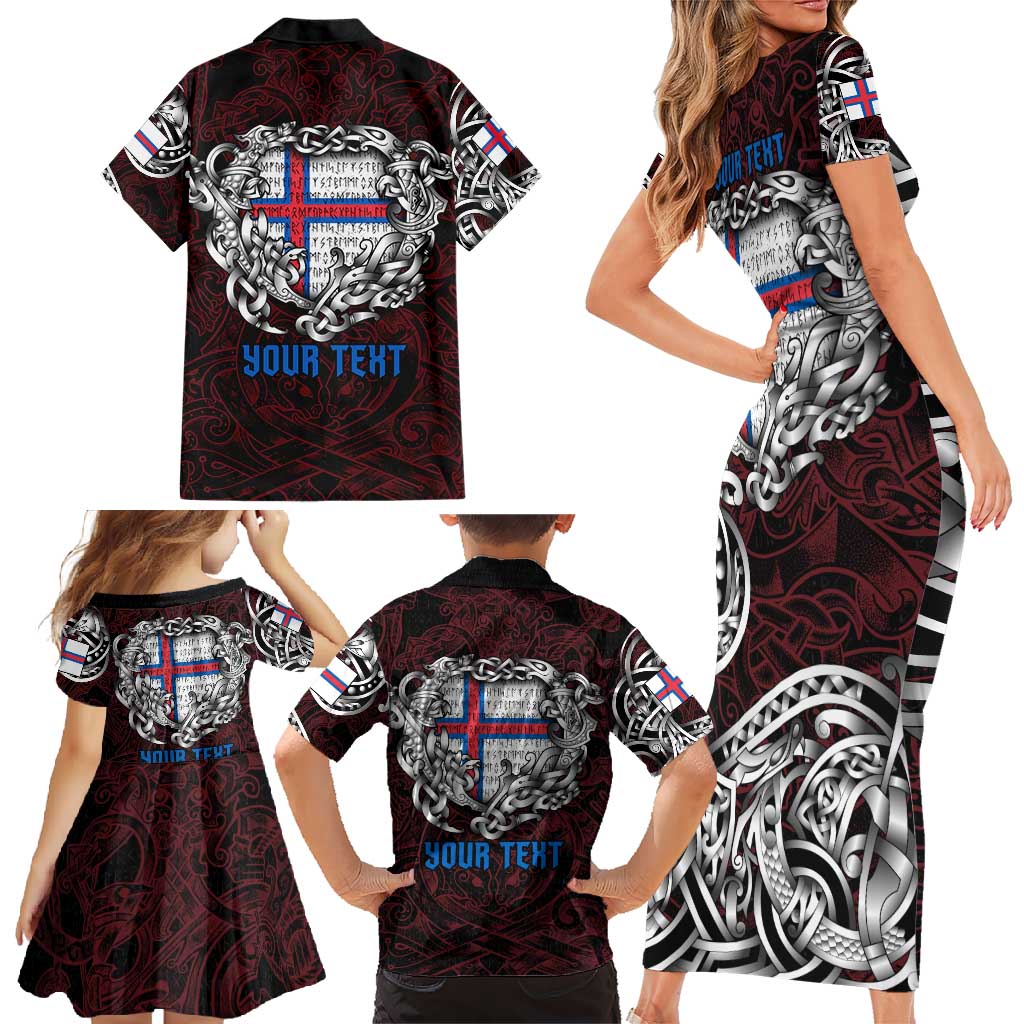 Personalized Faroe Islands Viking Blood Family Matching Short Sleeve Bodycon Dress and Hawaiian Shirt Nordic Runes and Shield of Ancestry in Tribal Knotwork