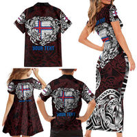 Personalized Faroe Islands Viking Blood Family Matching Short Sleeve Bodycon Dress and Hawaiian Shirt Nordic Runes and Shield of Ancestry in Tribal Knotwork