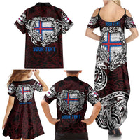 Personalized Faroe Islands Viking Blood Family Matching Summer Maxi Dress and Hawaiian Shirt Nordic Runes and Shield of Ancestry in Tribal Knotwork