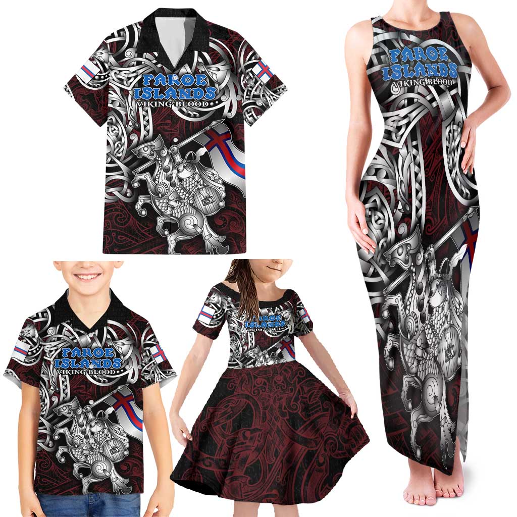 Personalized Faroe Islands Viking Blood Family Matching Tank Maxi Dress and Hawaiian Shirt Nordic Runes and Shield of Ancestry in Tribal Knotwork