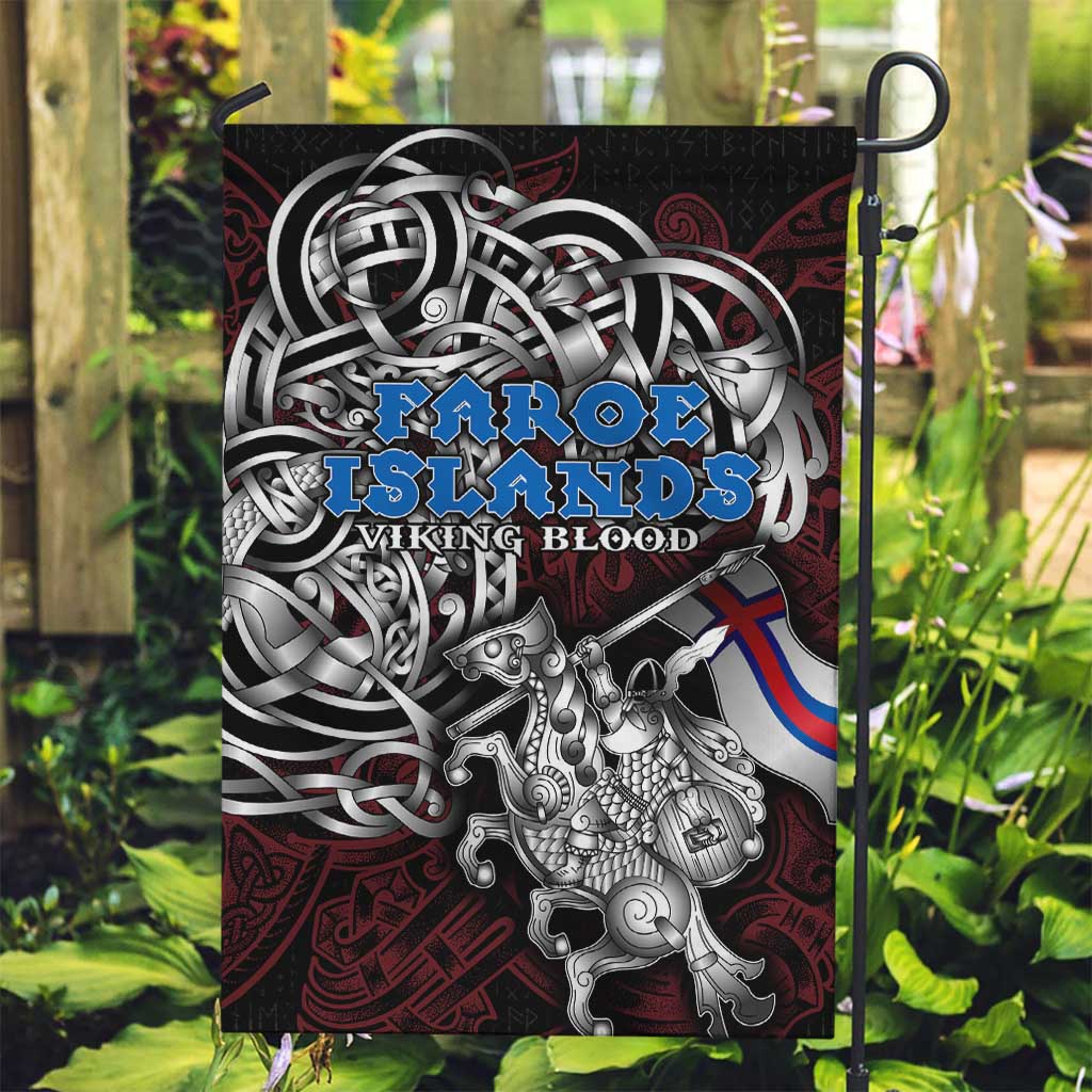 Faroe Islands Viking Blood Garden Flag Nordic Runes and Shield of Ancestry in Tribal Knotwork