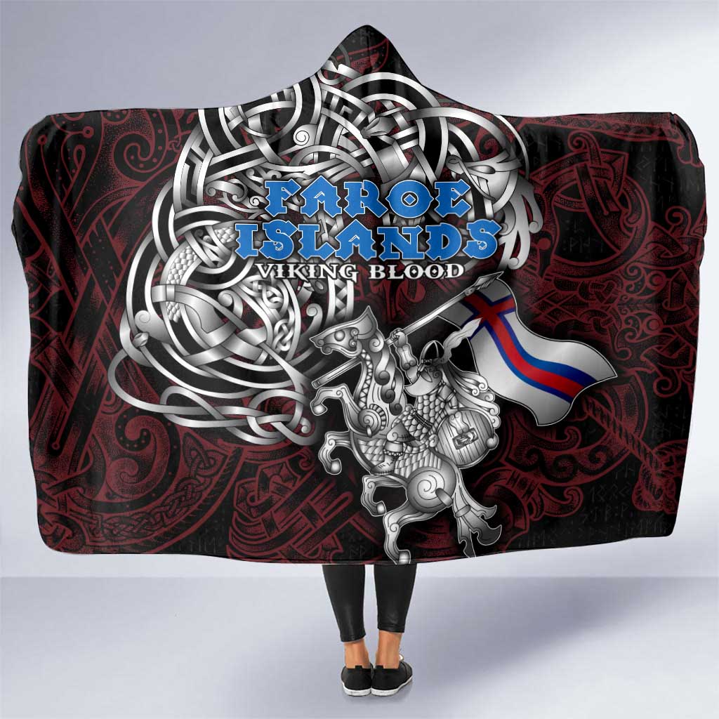Faroe Islands Viking Blood Hooded Blanket Nordic Runes and Shield of Ancestry in Tribal Knotwork
