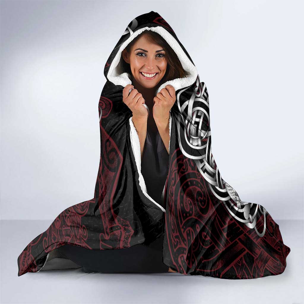 Faroe Islands Viking Blood Hooded Blanket Nordic Runes and Shield of Ancestry in Tribal Knotwork