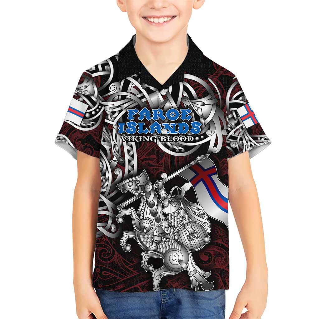 Personalized Faroe Islands Viking Blood Kid Hawaiian Shirt Nordic Runes and Shield of Ancestry in Tribal Knotwork