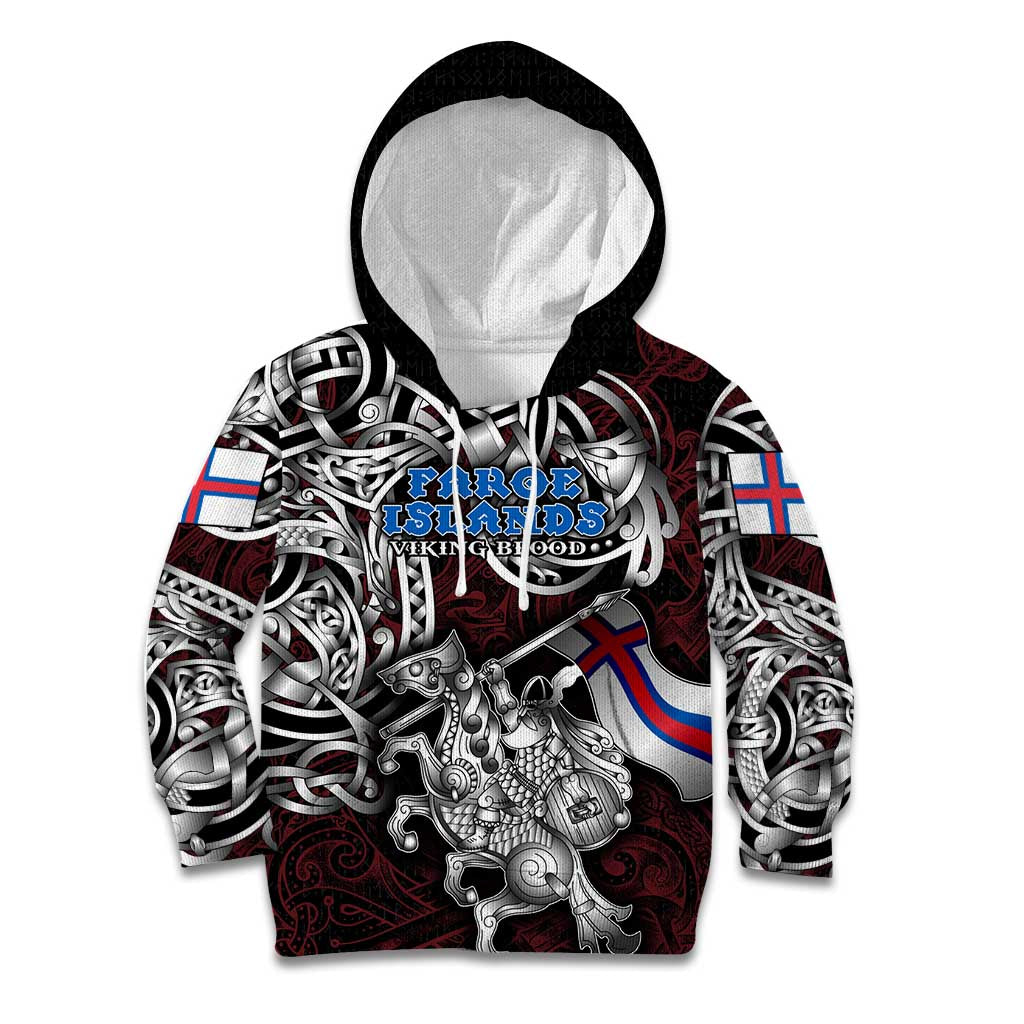 Personalized Faroe Islands Viking Blood Kid Hoodie Nordic Runes and Shield of Ancestry in Tribal Knotwork
