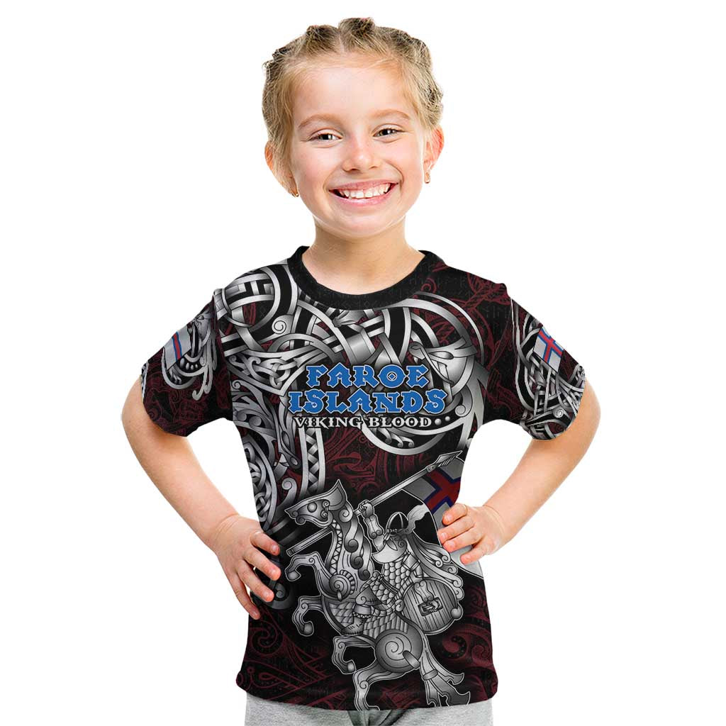 Personalized Faroe Islands Viking Blood Kid T Shirt Nordic Runes and Shield of Ancestry in Tribal Knotwork